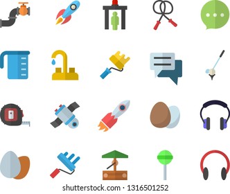 Color flat icon set faucet flat vector, tape measure, paint roller, meashuring cup, egg, lollipop, well, main pipeline, rocket, chat, satellit, skipping rope, control gate fector, golf, headset