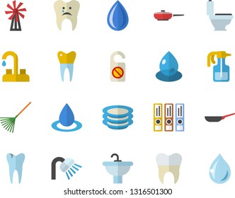 Color flat icon set faucet flat vector, sink, toilet, shower, frying pan, plates, windmill, pulverizer, rake, drop, caries, dental crowns, folders for papers, do not disturb fector