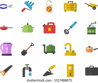 Color flat icon set faucet flat vector, trowel, wheelbarrow, saw, tool bag, paint roller, door lock, saucepan, frying pan, saute, electric kettle, whisk, coffee grinder, shovel, secateurs, water tap