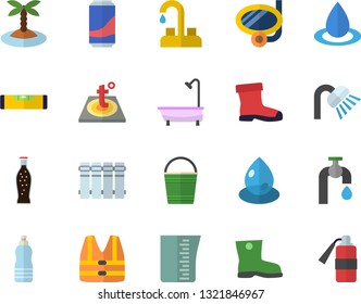 Color flat icon set faucet flat vector, shower, level meter, warm floor, heating batteries, meashuring cup, lemonade, bucketful, gumboots, water tap, drop, island fector, swimming mask, life vest