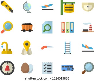 Color flat icon set faucet flat vector, ladder, sink, stationery knife, egg, factory, mining, signboard, location, target audience, magnifier, to do list, globe, folders for papers, bus fector
