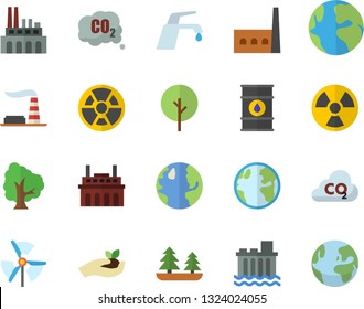 Color flat icon set faucet flat vector, tree, seedlings, earth, factory, oil tanks, forest, hydroelectric power station, manufactory, plant, radiation, carbon dioxide, windmill, fector