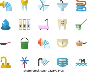 Color flat icon set faucet flat vector, sink, shower, frying pan, saute, towel, plates, windmill, rake, bucketful, hose irrigation, drop, tooth, dental crowns, folders for papers, pool