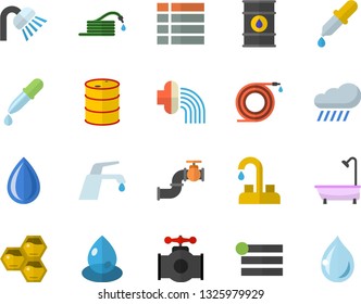 Color flat icon set faucet flat vector, shower, honeycomb, hose, irrigation, rain, main pipeline, oil tanks, drop, pipette, menu