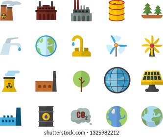 Color flat icon set faucet flat vector, tree, solar battery, windmill, earth, oil tanks, forest, manufactory, plant, carbon dioxide, nuclear power, fector