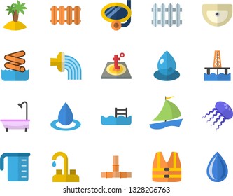 Color flat icon set faucet flat vector, sink, shower, pipes, warm floor, heating batteries, meashuring cup, hose irrigation, oil production platform, drop, radiator, sailboat, pool, island fector