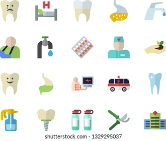 Color flat icon set faucet flat vector, pulverizer, secateurs, seedlings, water tap, pill packaging, physician, hospital bed, injury, ambulance, diagnostics, ampoule, tooth, caries, dental crowns