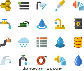 Color flat icon set faucet flat vector, shower, honeycomb, hose, irrigation, water tap, rain, main pipeline, oil tanks, drop, pipette, menu