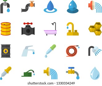 Color flat icon set faucet flat vector, shower, honeycomb, hose, irrigation, water tap, main pipeline, oil tanks, drop, pipette
