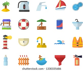 Color flat icon set faucet flat vector, sink, electric kettle, lemonade, well, pond, radiator, lighthouse, funnel, sailboat, swimming, water, island fector, surfing, life vest, lifebuoy