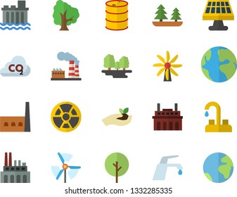 Color flat icon set faucet flat vector, tree, seedlings, solar battery, windmill, factory, oil tanks, forest, hydroelectric power station, manufactory, plant, radiation, carbon dioxide, earth