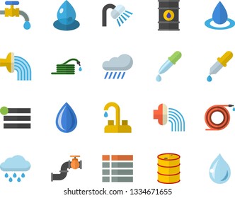 Color flat icon set faucet flat vector, shower, hose, irrigation, water tap, rain, main pipeline, oil tanks, drop, pipette, menu