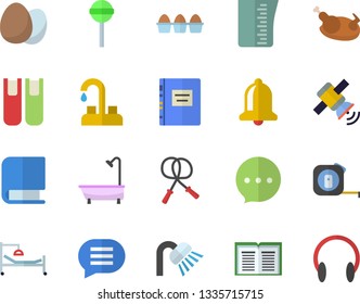 Color flat icon set faucet flat vector, tape measure, shower, meashuring cup, egg, chicken, lollipop, hospital bed, book, satellit, textbook, skipping rope, bell, chat, headset