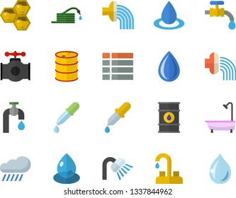 Color flat icon set faucet flat vector, shower, honeycomb, hose, irrigation, water tap, rain, main pipeline, oil tanks, drop, pipette, menu