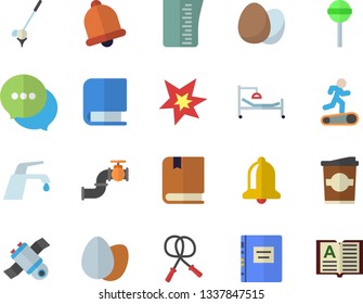 Color flat icon set faucet flat vector, meashuring cup, egg, lollipop, coffe, main pipeline, chat, hospital bed, book, satellit, spark, textbook, skipping rope, Treadmill, golf fector, bell