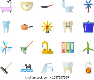 Color flat icon set faucet flat vector, sink, toilet, shower, frying pan, saute, windmill, rake, bucketful, tooth, caries, dental crowns, folders for papers, pool, do not disturb fector