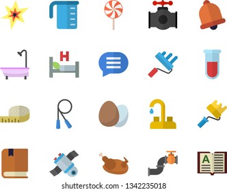 Color flat icon set faucet flat vector, paint roller, shower, meashuring cup, egg, chicken, lollipop, main pipeline, blood test, hospital bed, satellit, spark, textbook, centimeter, skipping rope