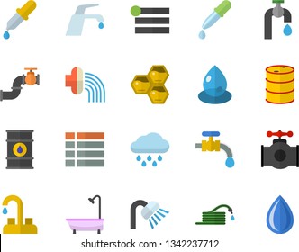 Color flat icon set faucet flat vector, shower, honeycomb, hose, irrigation, water tap, rain, main pipeline, oil tanks, drop, pipette, menu