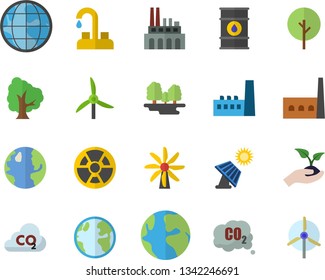 Color flat icon set faucet flat vector, tree, seedlings, solar battery, windmill, earth, oil tanks, forest, manufactory, plant, radiation, carbon dioxide