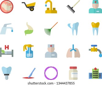 Color flat icon set faucet flat vector, pulverizer, rake, garden wheelbarrow, water tap, physician, hospital bed, embryo, scalpel, broken tooth, dental crowns, implant, stomach, lungs, vitamins