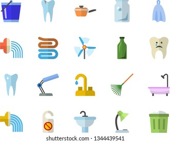 Color flat icon set faucet flat vector, sink, shower, saute, towel, rake, bucketful, hose irrigation, glass bottles, tooth, caries, reading lamp, windmill, do not disturb fector, trash can