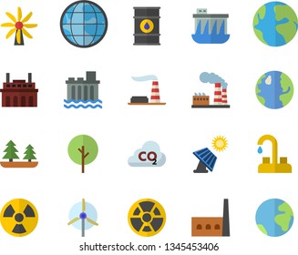 Color flat icon set faucet flat vector, tree, solar battery, windmill, earth, factory, oil tanks, forest, hydroelectric power station, manufacturer, plant, radiation, carbon dioxide,  