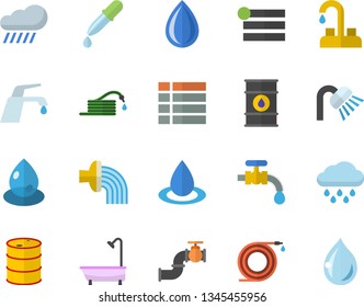 Color flat icon set faucet flat vector, shower, hose, irrigation, water tap, rain, main pipeline, oil tanks, drop, pipette, menu