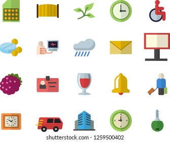 Color flat icon set fence flat vector, wine, blackberry, rain, tree leaf, SIM card, billboard, clock, trucking, pills, disabled, diagnostics, office building, badge, luggage fector, bell, envelope