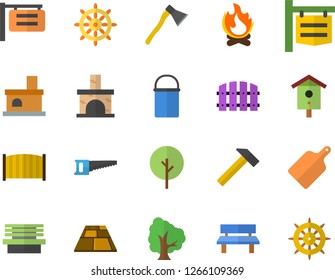 Color flat icon set fence flat vector, flooring, ax, hammer, hiking pot, cutting board, nesting box, tree, saw, bonfire, bench, fireplace, signboard, steering wheel fector