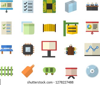 Color flat icon set fence flat vector, cutting board, bench, motherboard, signboard, billboard, flipchart, chart, sticker, point diagram, to do list, meeting, presentaition, skateboard, target