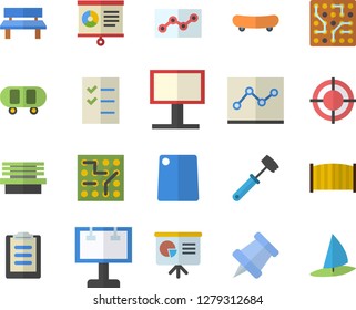 Color flat icon set fence flat vector, meat hammer, cutting board, bench, billboard, clipboard, chart, point diagram, to do list, target, presentaition, pushpin, electronic circuit, skateboard