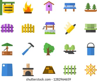 Color flat icon set fence flat vector, flooring, hammer, hiking pot, rolling pin, cutting board, well, nesting box, tree, bonfire, bench, fireplace, forest, signboard, steering wheel fector