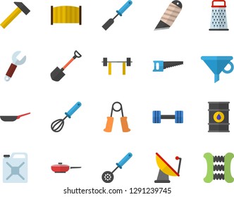 Color flat icon set fence flat vector, stationery knife, hammer, frying pan, kitchen spatula, spoon, whisk, grater, shovel, saw, oil tanks, canister, satellite antenna, wrench, funnel, dumbbell
