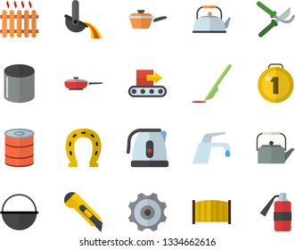 Color flat icon set fence flat vector, stationery knife, faucet, frying pan, cauldron, saute, teapot, electric kettle, canned food, horseshoe, secateurs, conveyor, pipe production, radiator, scalpel