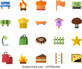 Color flat icon set fence flat vector, cook hat, piece of cake, donut, mushroom, nesting box, ladder, bonfire, bench, flag, bags, reading lamp, skateboard, starfish fector, gallery