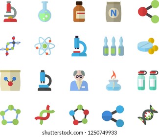 Color flat icon set fertilizer flat vectory, molecules vector, pills, vial, microscope, ampoule, DNA, flask, molecule, atom, gas burner, scientist