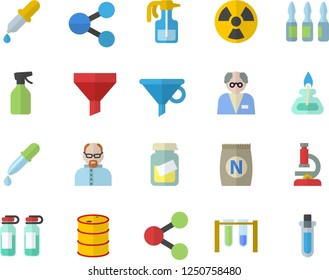 Color flat icon set fertilizer flat vectory, pulverizer vector, oil tanks, radiation, funnel, molecules, pipette, medical analysis, ampoule, microscope, gas burner, scientist, beakers