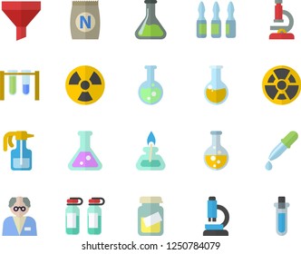 Color flat icon set fertilizer flat vectory, pulverizer vector, chemistry, radiation, funnel, pipette, medical analysis, ampoule, flask, microscope, gas burner, scientist, beakers