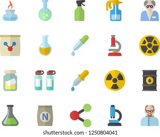 Color flat icon set fertilizer flat vectory, pulverizer vector, chemistry, oil tanks, radiation, molecules, pipette, medical analysis, ampoule, flask, microscope, gas burner, scientist