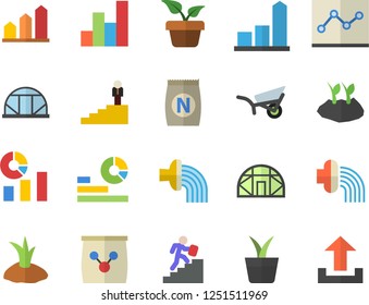 Color flat icon set fertilizer flat vectory, home plant vector, planting plants, hose irrigation, garden wheelbarrow, greenhouse, chart, statistics, point diagram, career ladder, achievement, upload