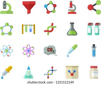 Color flat icon set fertilizer flat vectory, chemistry vector, carbon dioxide, funnel, molecules, pipette, microscope, ampoule, DNA, molecule, atom, gas burner, beakers, vitamins