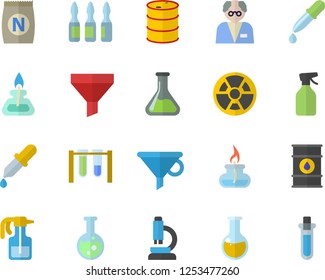 Color flat icon set fertilizer flat vectory, pulverizer vector, chemistry, oil tanks, radiation, funnel, pipette, medical analysis, ampoule, flask, microscope, gas burner, scientist, beakers