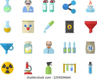 Color flat icon set fertilizer flat vectory, pulverizer vector, oil tanks, radiation, funnel, molecules, pipette, medical analysis, ampoule, flask, microscope, gas burner, scientist, beakers