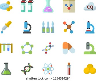 Color flat icon set fertilizer flat vectory, chemistry vector, carbon dioxide, pills, pipette, blood test, microscope, ampoule, molecules, flask, molecule, atom, beakers, dna