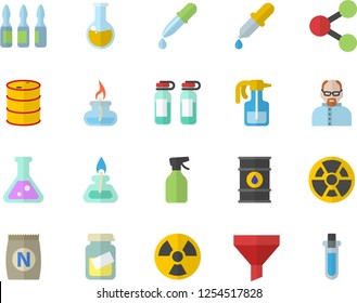 Color flat icon set fertilizer flat vectory, pulverizer vector, oil tanks, radiation, funnel, molecules, pipette, medical analysis, ampoule, flask, gas burner, scientist, beakers