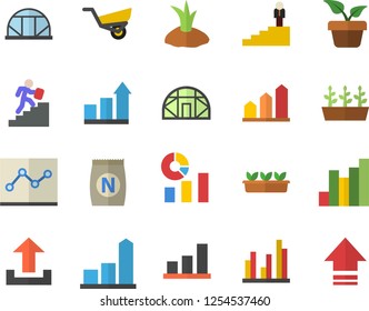 Color flat icon set fertilizer flat vectory, home plant vector, planting plants, garden wheelbarrow, seedlings, greenhouse, chart, statistics, statistic, point diagram, career ladder, achievement