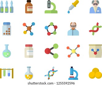 Color flat icon set fertilizer flat vectory, chemistry vector, molecules, vial, pipette, microscope, ampoule, DNA, flask, molecule, scientist, beakers, vitamins, pills