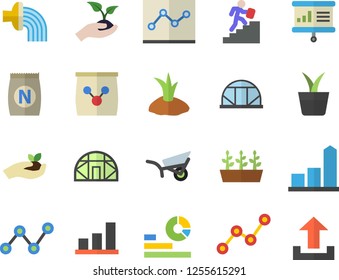 Color flat icon set fertilizer flat vectory, home plant vector, seedlings, planting plants, hose irrigation, garden wheelbarrow, greenhouse, chart, statistics, scatter, point diagram, career ladder