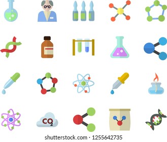 Color flat icon set fertilizer flat vectory, carbon dioxide vector, molecules, vial, pipette, ampoule, DNA, flask, molecule, atom, gas burner, scientist, beakers