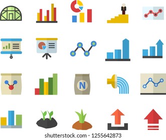 Color flat icon set fertilizer flat vectory, planting plants vector, hose irrigation, greenhouse, chart, statistics, scatter, statistic, point diagram, career ladder, presentaition board, upload